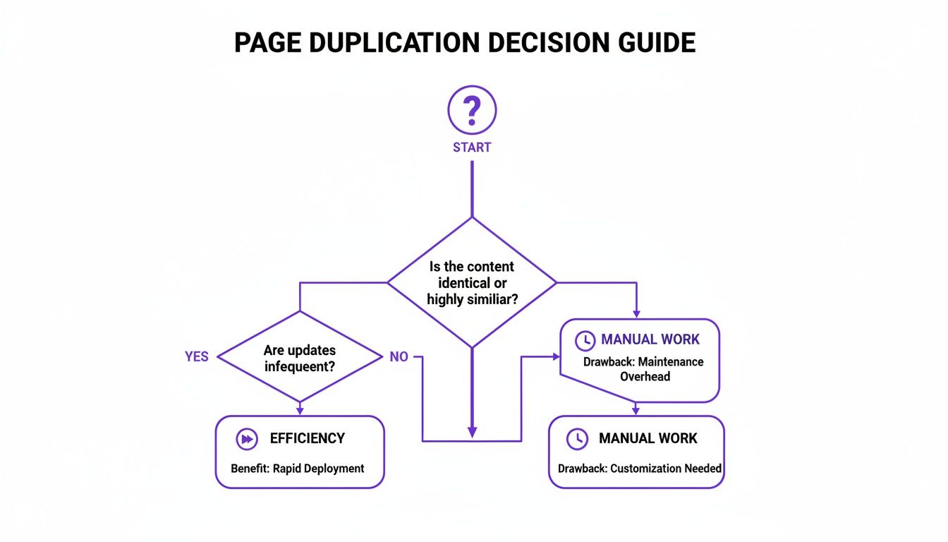 Flowchart guiding page duplication decisions based on content similarity and update frequency.