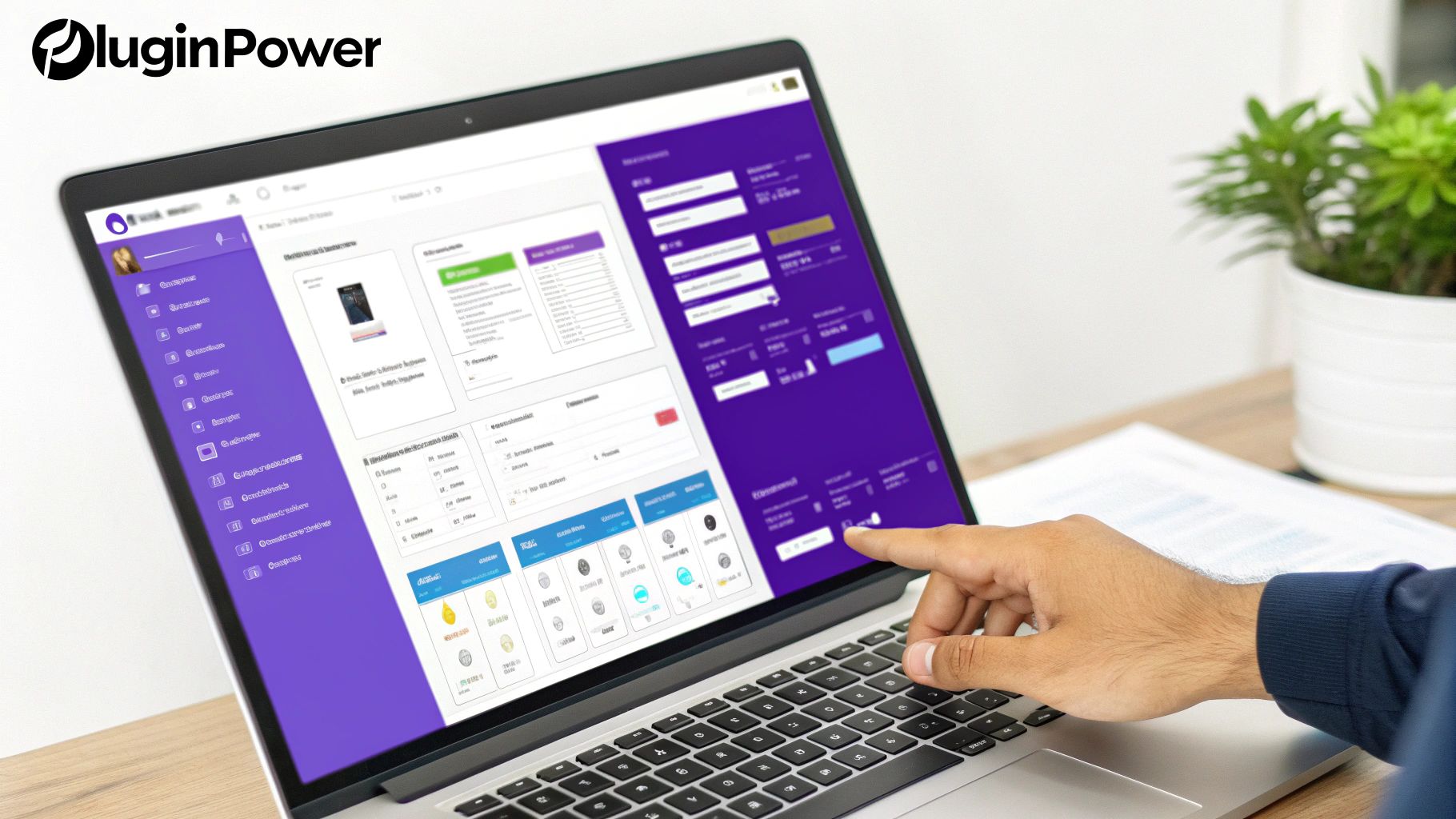 A person's hand clicks on a laptop displaying a purple and white e-commerce product management dashboard.