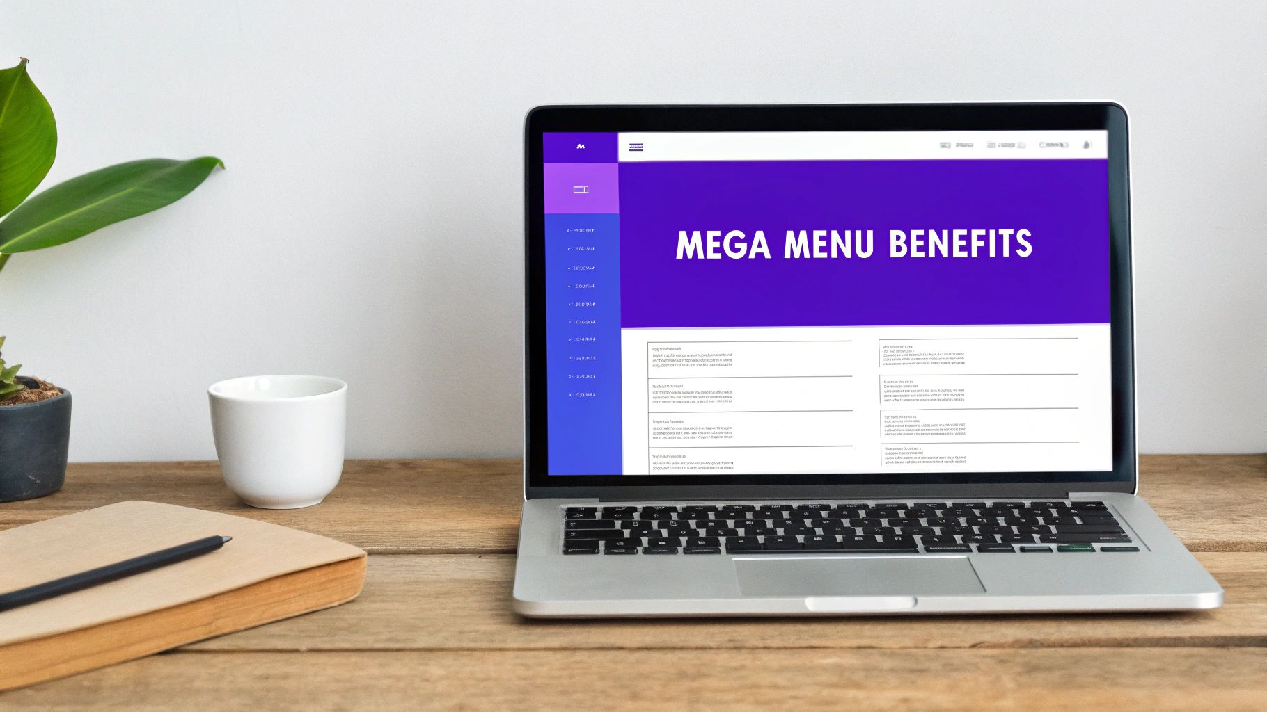 A laptop on a wooden desk displaying a website about Mega Menu Benefits, with a plant and cup.