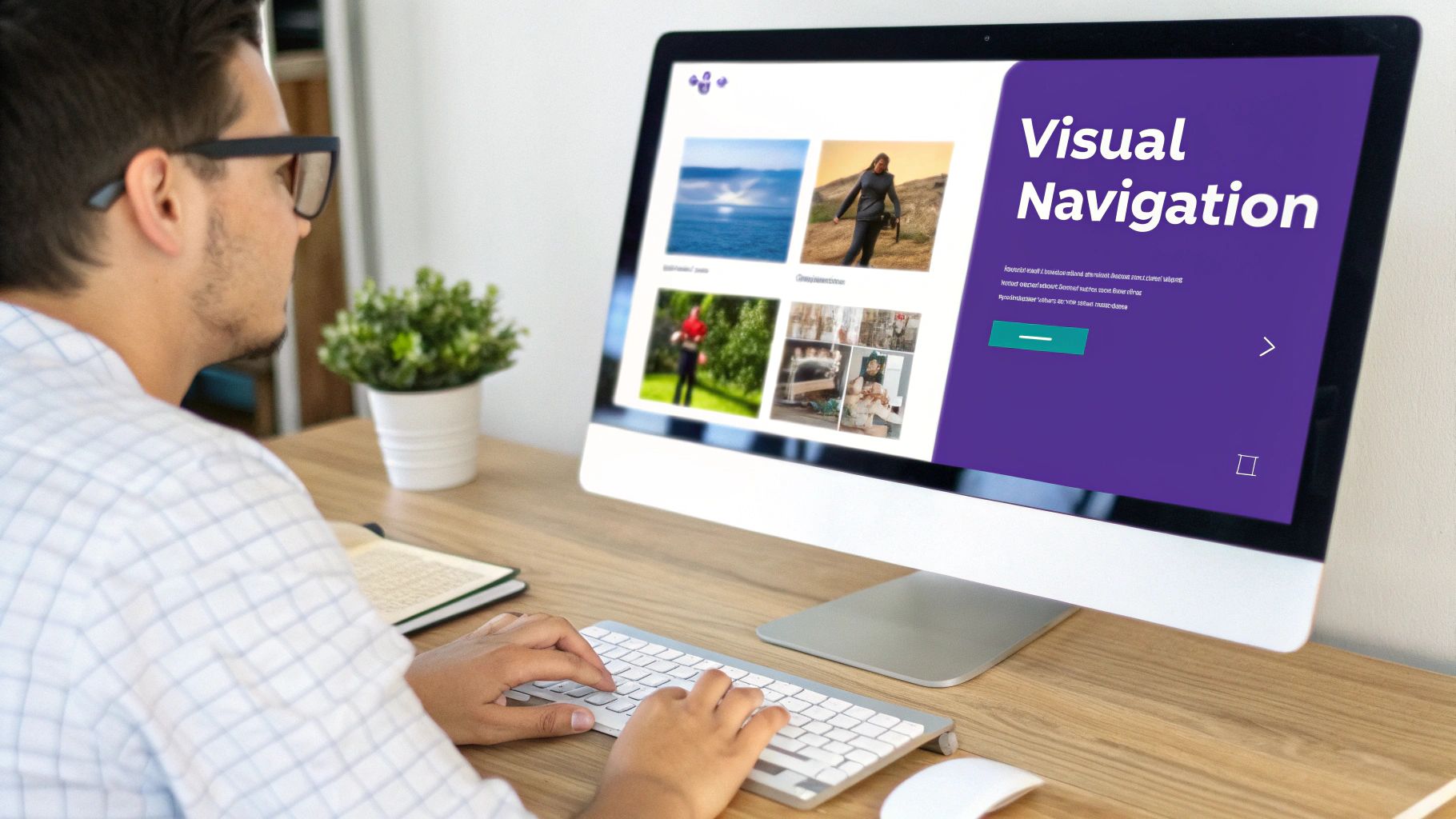 Person viewing visual navigation website design with image gallery on desktop computer screen