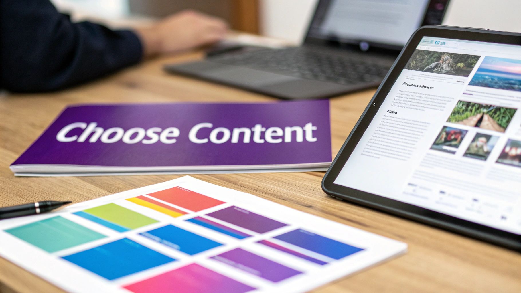 A desk with a purple 'Choose Content' book, tablet, color swatches, and a pen.