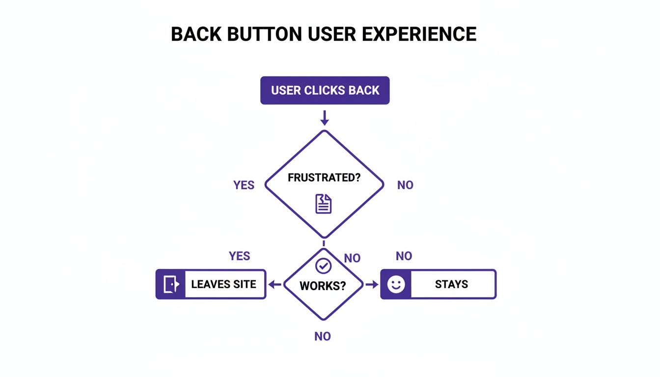 Flowchart illustrating back button user experience, showing if a user leaves or stays based on frustration and functionality.