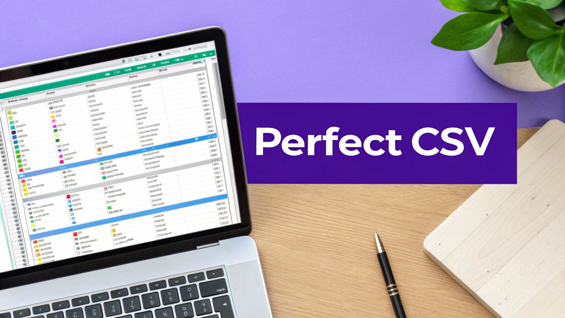 A laptop displaying a colorful spreadsheet, with a 'Perfect CSV' banner, pen, and plant on a desk.