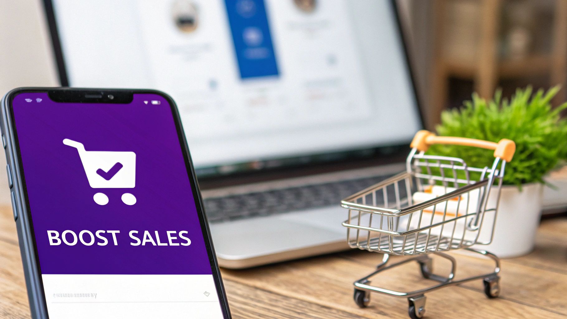 A smartphone displaying 'BOOST SALES' with a shopping cart icon, alongside a laptop and a miniature shopping cart.