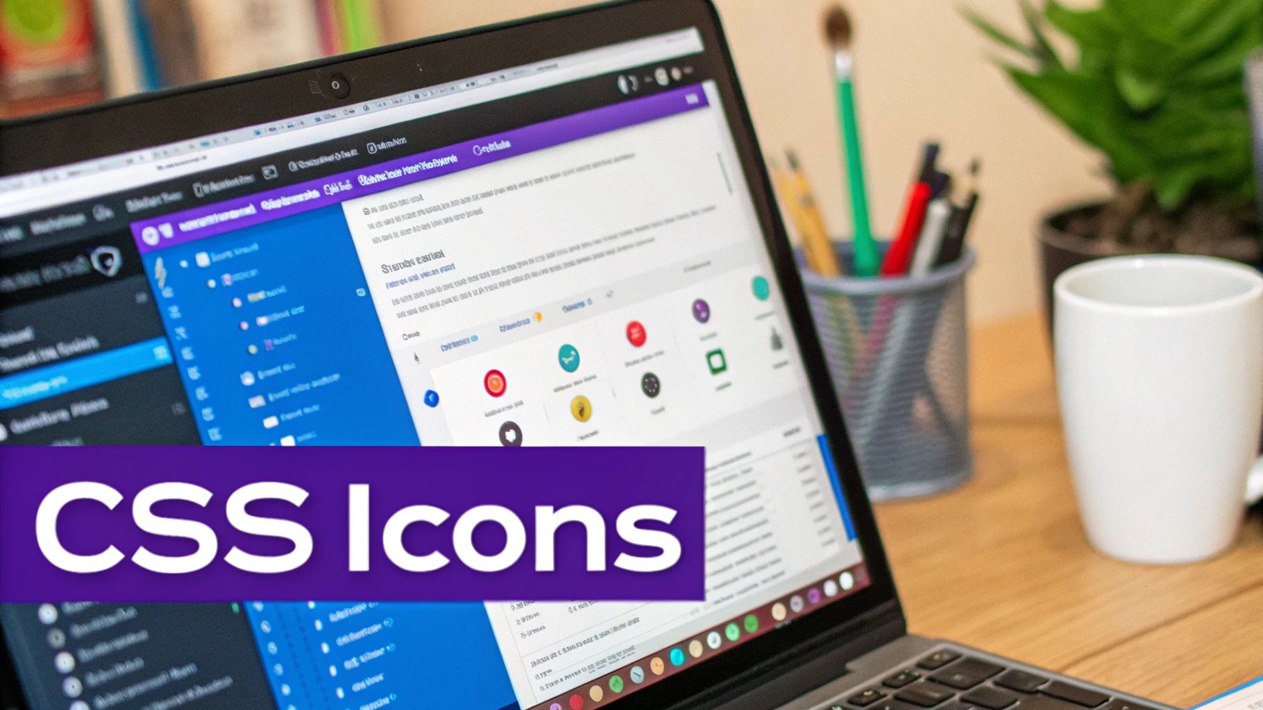 Laptop displaying a webpage with a dropdown menu and colorful icons, overlaid with a 'CSS Icons' text.