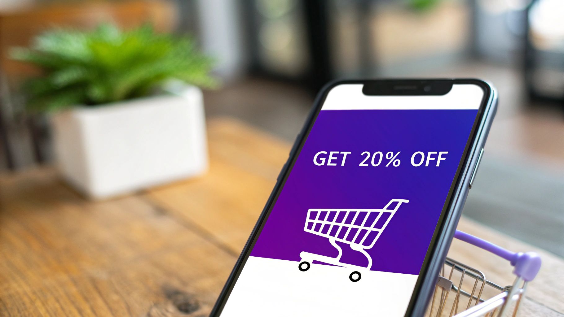 Smartphone displaying a 'GET 20% OFF' promotion with a shopping cart icon on a wooden table.