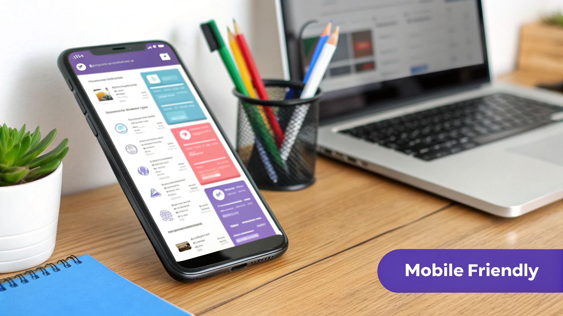 A smartphone displaying a mobile-friendly app interface on a wooden desk with a laptop and office supplies.