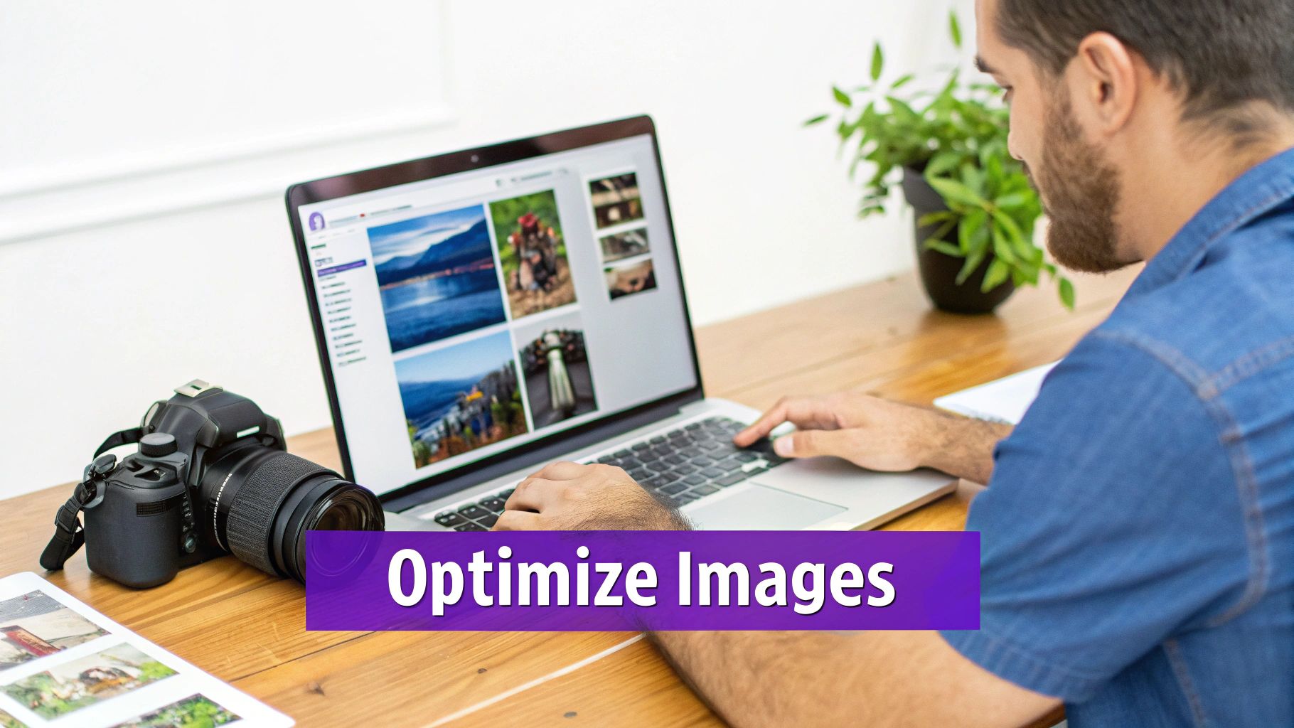 A person optimizes images on a laptop, with a camera and printed photos on a wooden desk.