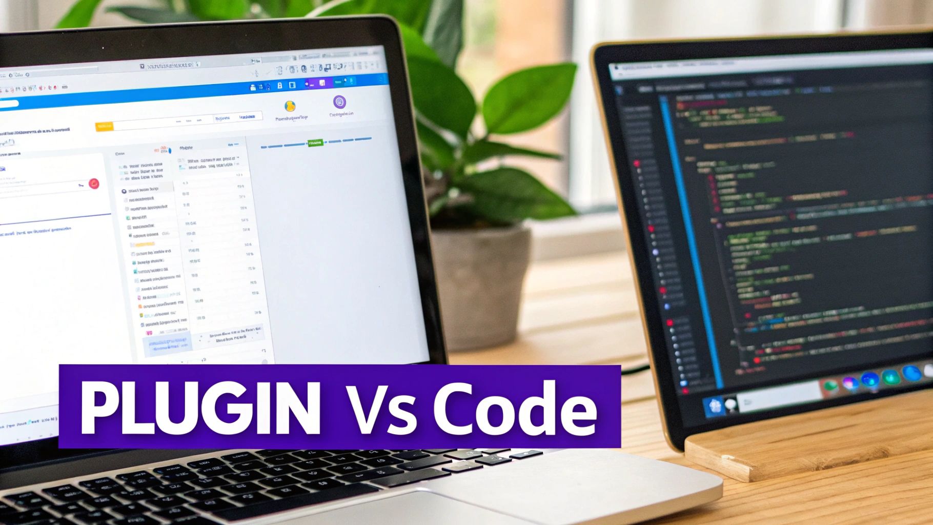 Two laptops side by side comparing plugin interface and custom code editor for WordPress development
