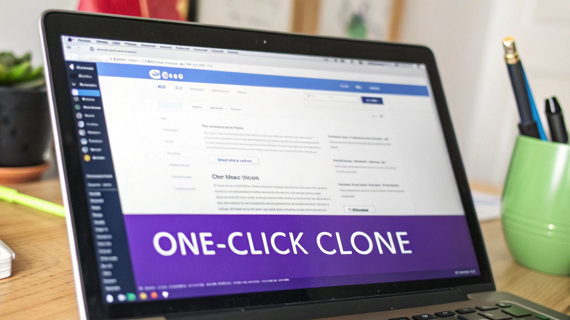 Laptop screen displaying a website with a prominent 'ONE-CLICK CLONE' feature, on a wooden desk.