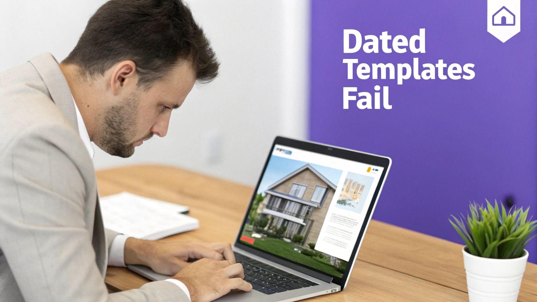 A man typing on a laptop, reviewing a digital real estate template with a modern house.