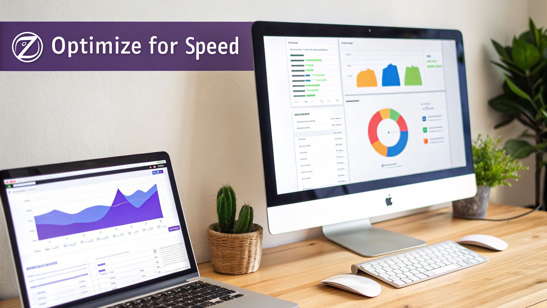 A professional workspace with two computers displaying data analytics dashboards and charts, emphasizing optimization.