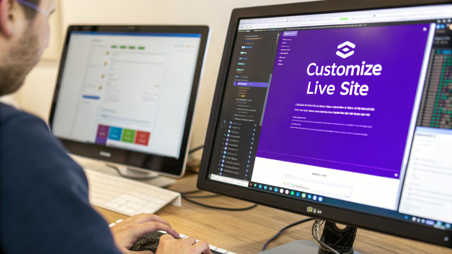 A person’s hands on a keyboard working on dual computer monitors, one displaying ‘Customize Live Site’.
