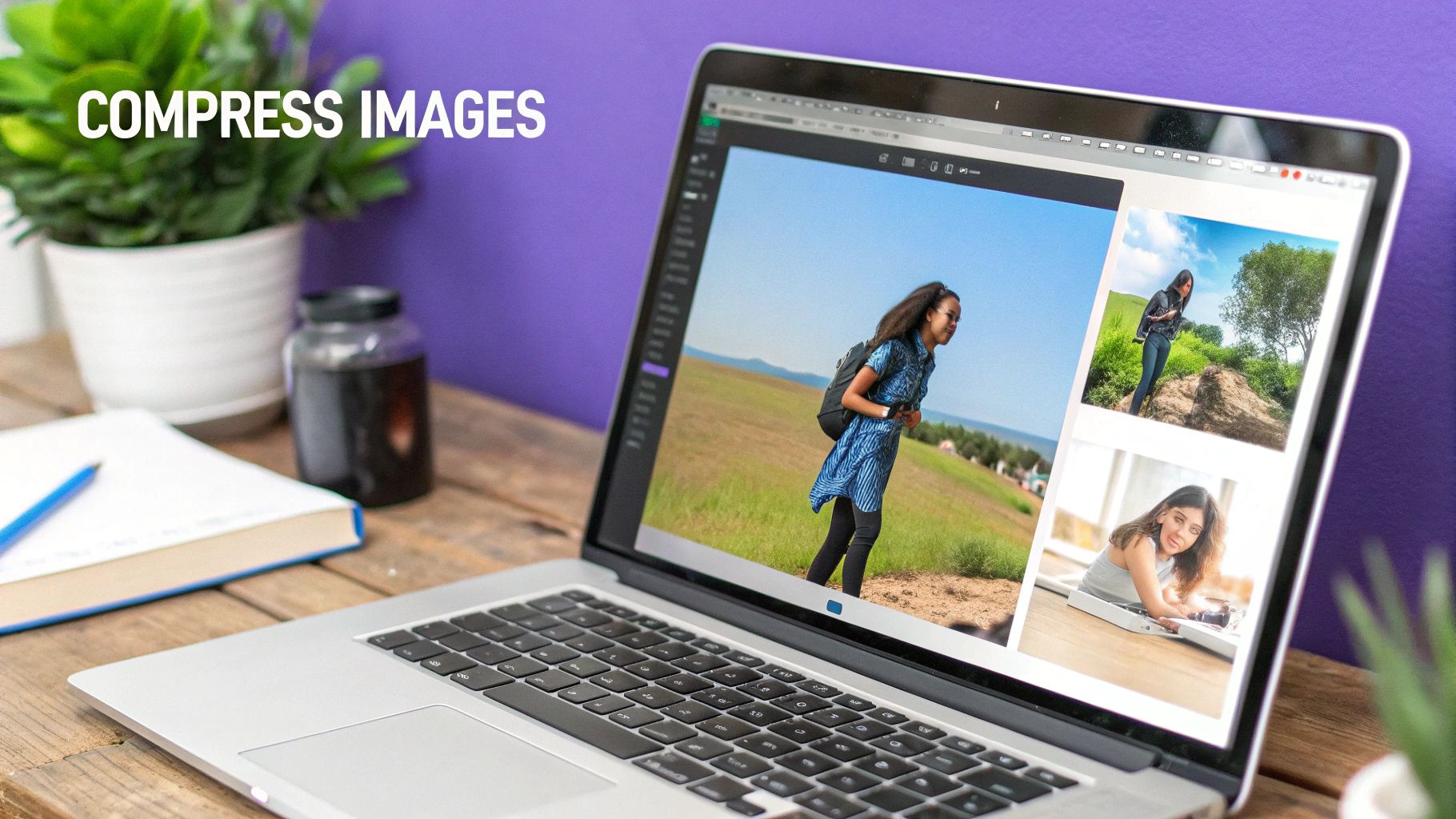 A laptop showing an image optimization tool interface, with a clear before-and-after comparison of image file sizes