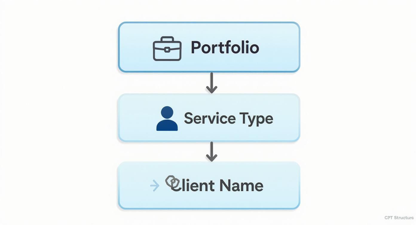Hierarchical diagram showing portfolio structure with service type and client name custom post types
