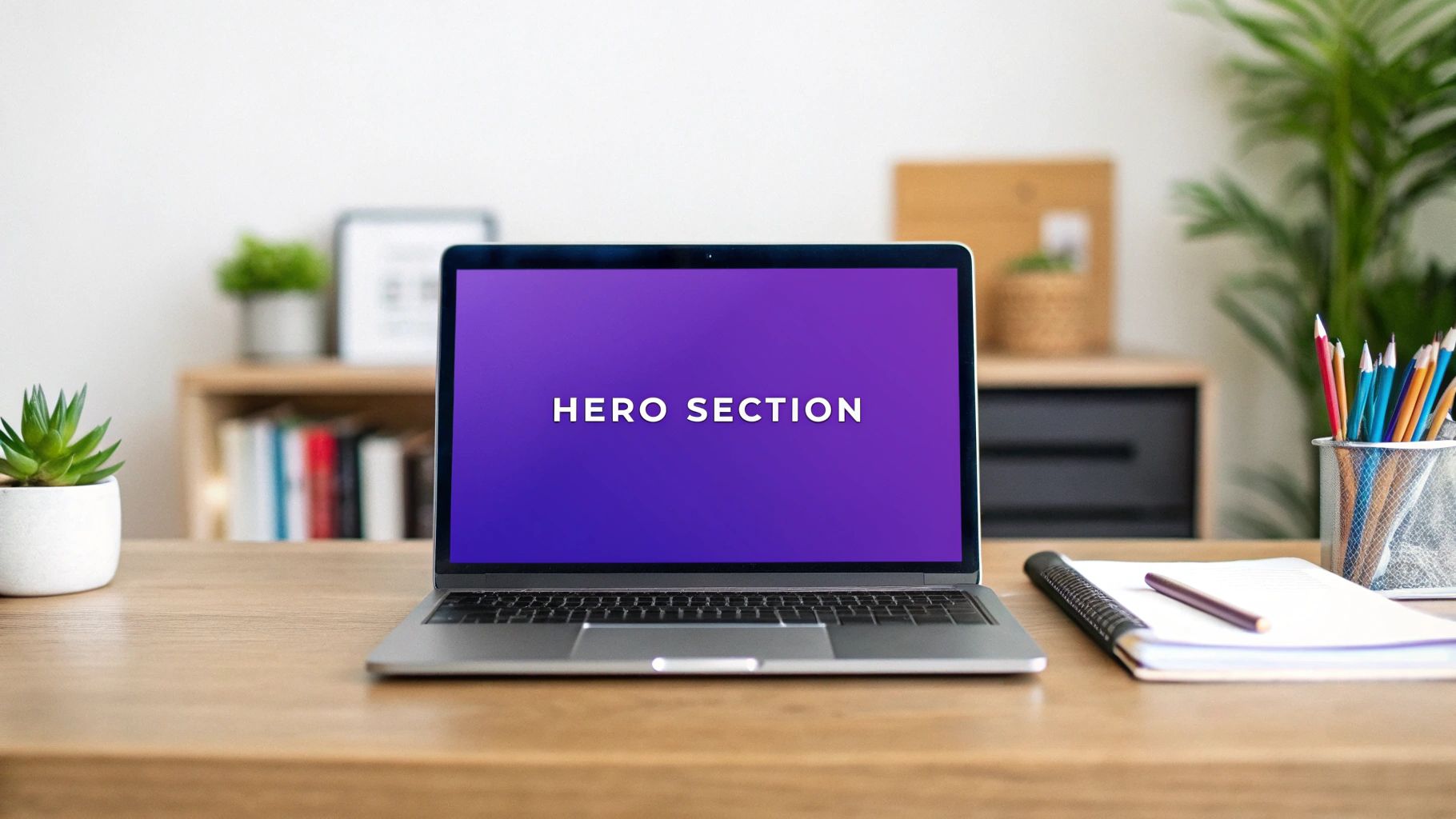 A laptop displaying 'HERO SECTION' on a wooden desk with a plant and office supplies.