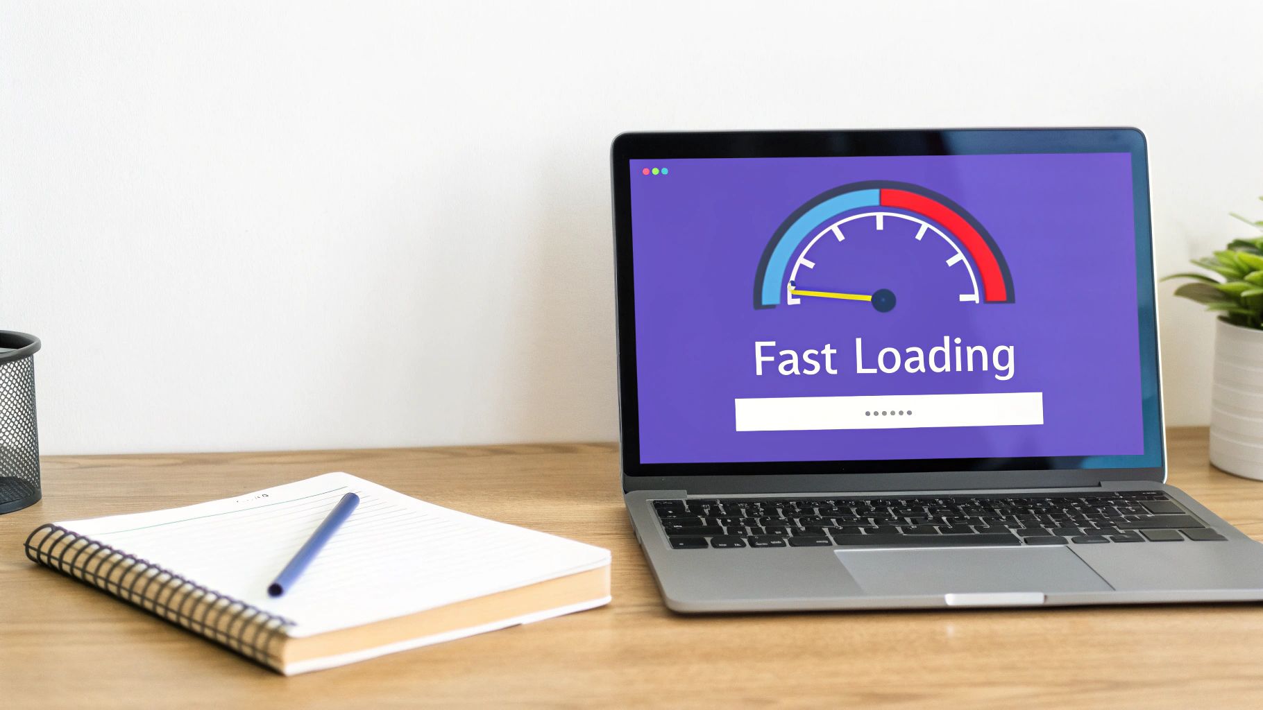 A laptop screen displays 'Fast Loading' with a colorful speed gauge, signifying optimized website performance on a desk.
