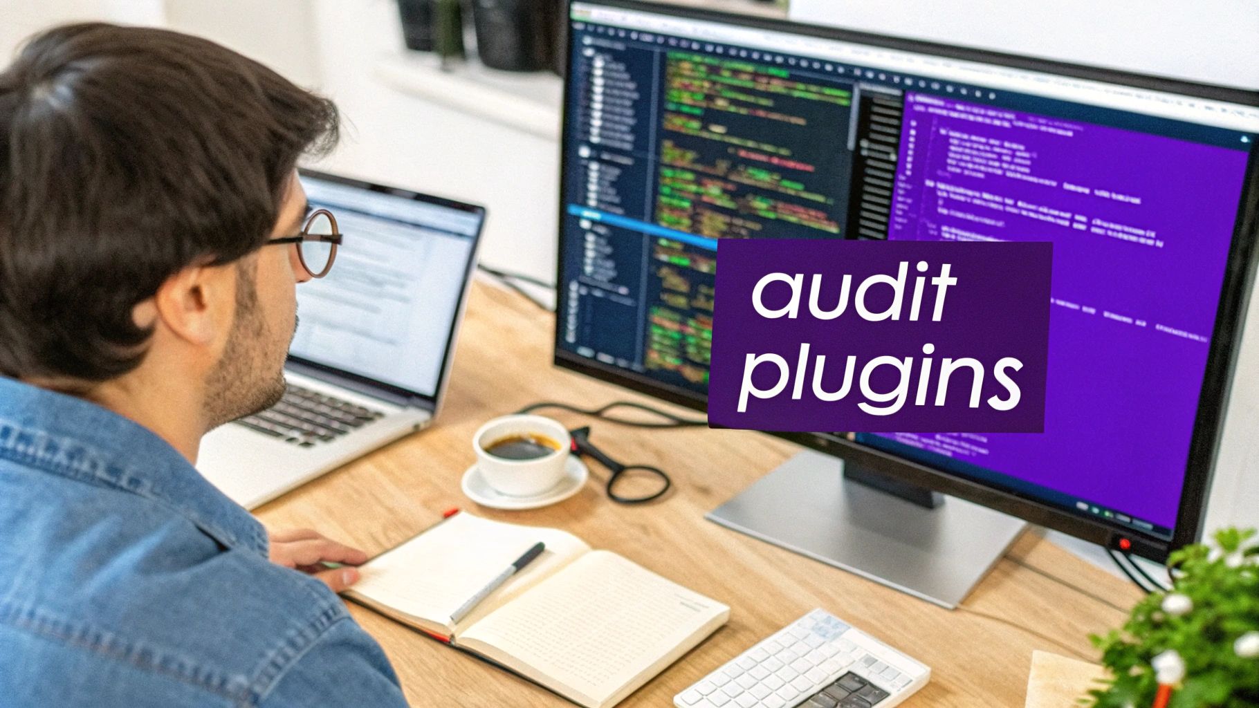 A developer works on a desktop computer showing code and 'audit plugins', with a laptop and coffee.