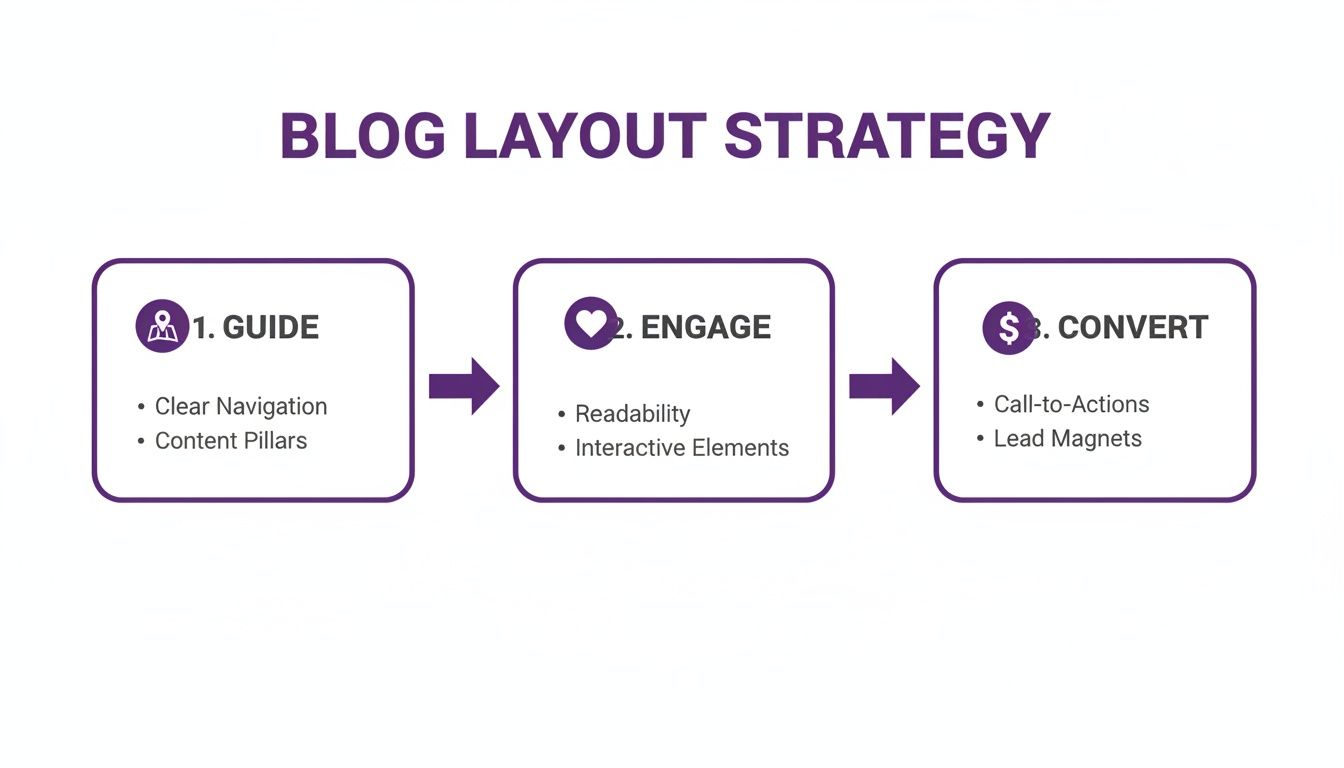 Flowchart illustrating a blog layout strategy with three steps: guide, engage, and convert readers.