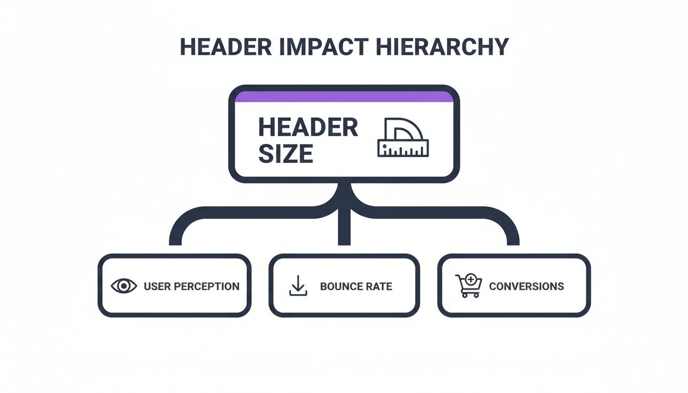Diagram illustrating how header size impacts user perception, bounce rate, and website conversions.