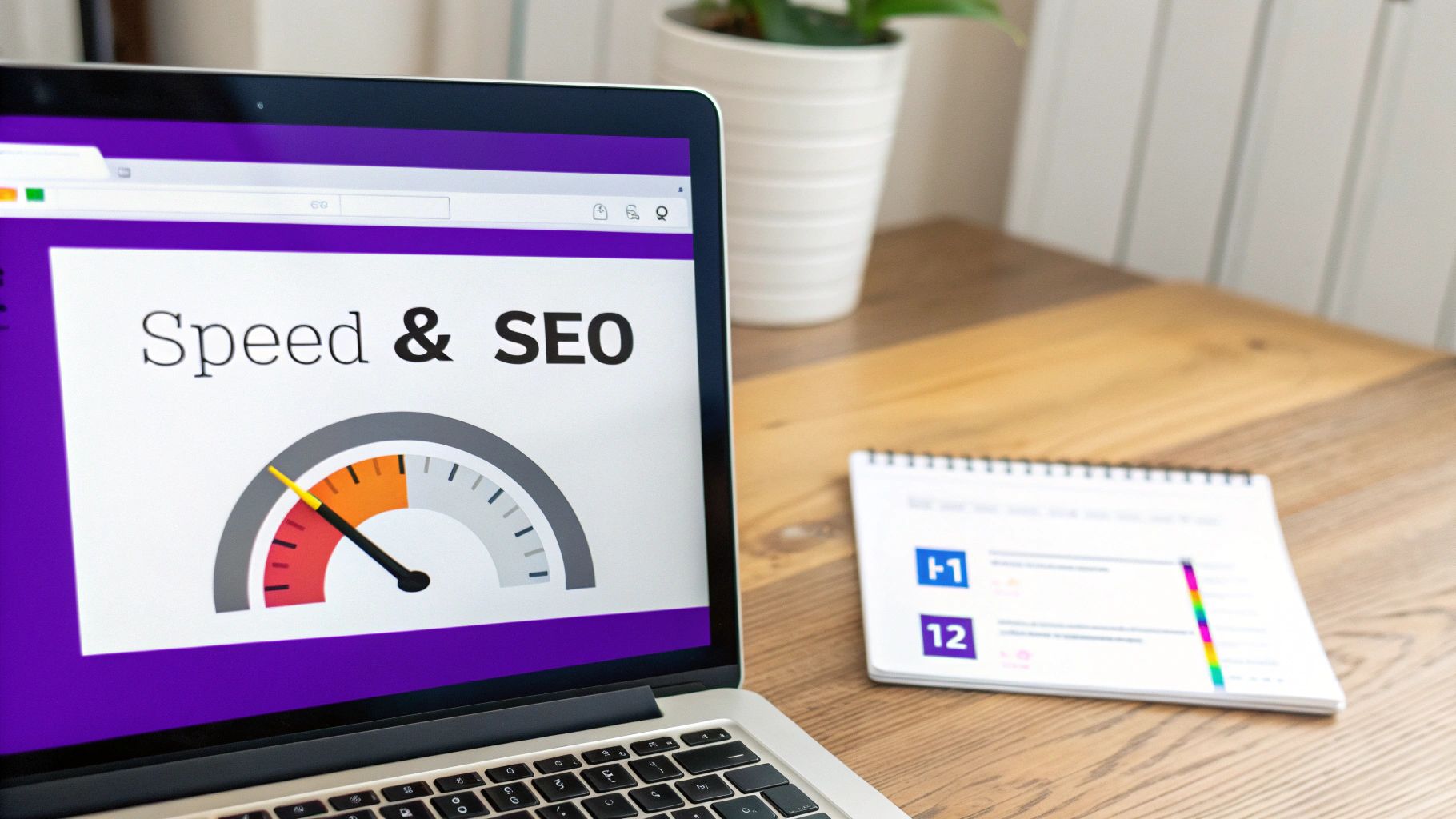 Laptop displaying Speed and SEO text with speedometer gauge on wooden desk workspace