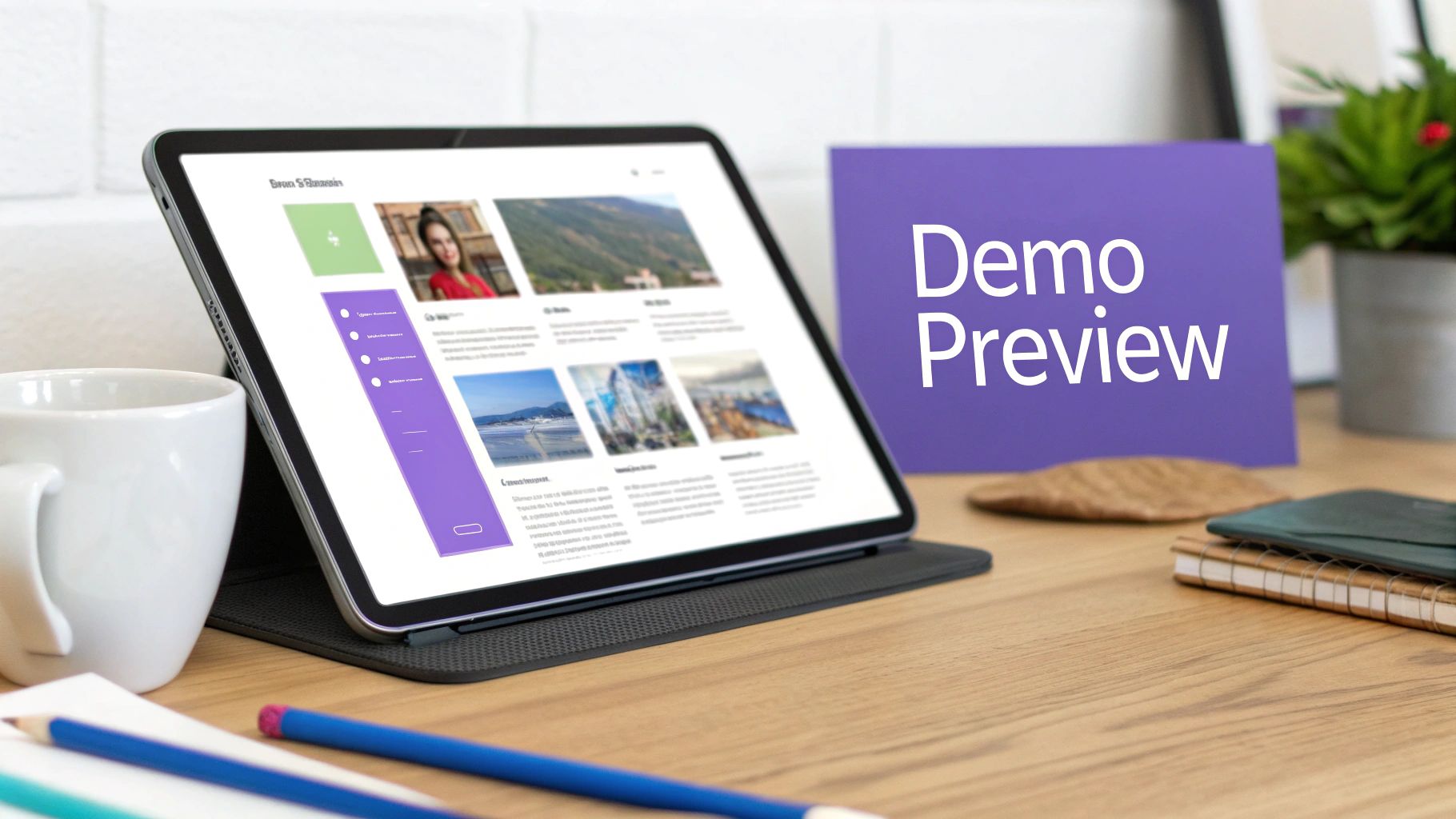 Tablet displaying a website design, with a coffee mug and 'Demo Preview' sign on a wooden desk.