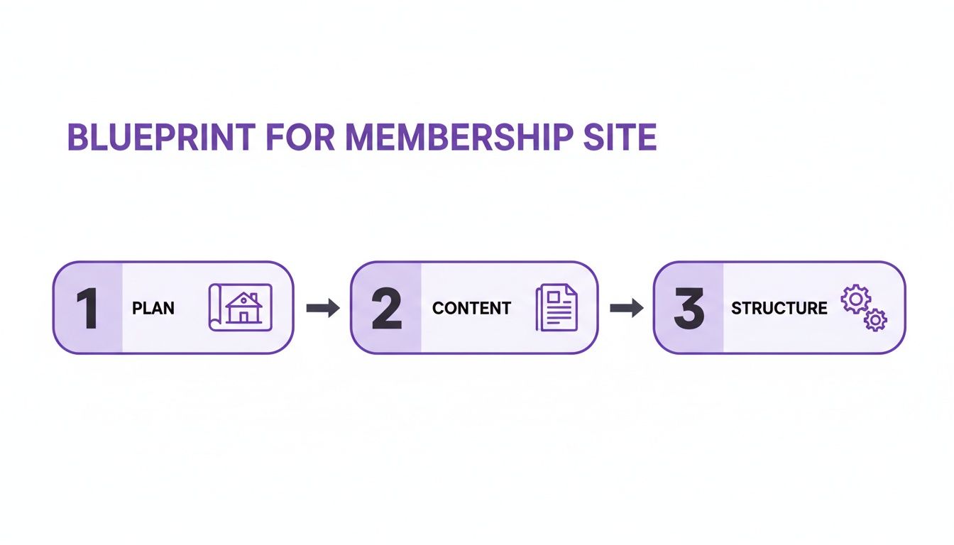 A three-step blueprint graphic illustrating the process of building a membership site: Plan, Content, and Structure.