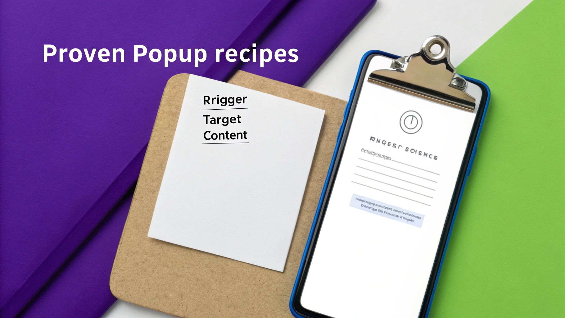 A creative image showcasing 'Proven Popup recipes' with a clipboard listing trigger, target, and content elements.