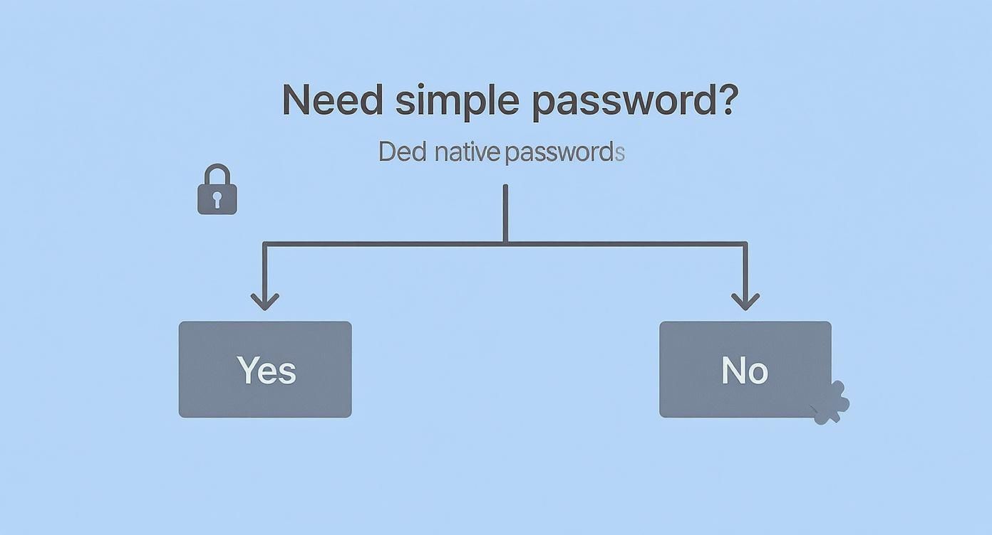 Infographic decision tree asking if you need simple password protection, with arrows pointing to 'Yes' with a lock icon and 'No' with a puzzle piece icon.