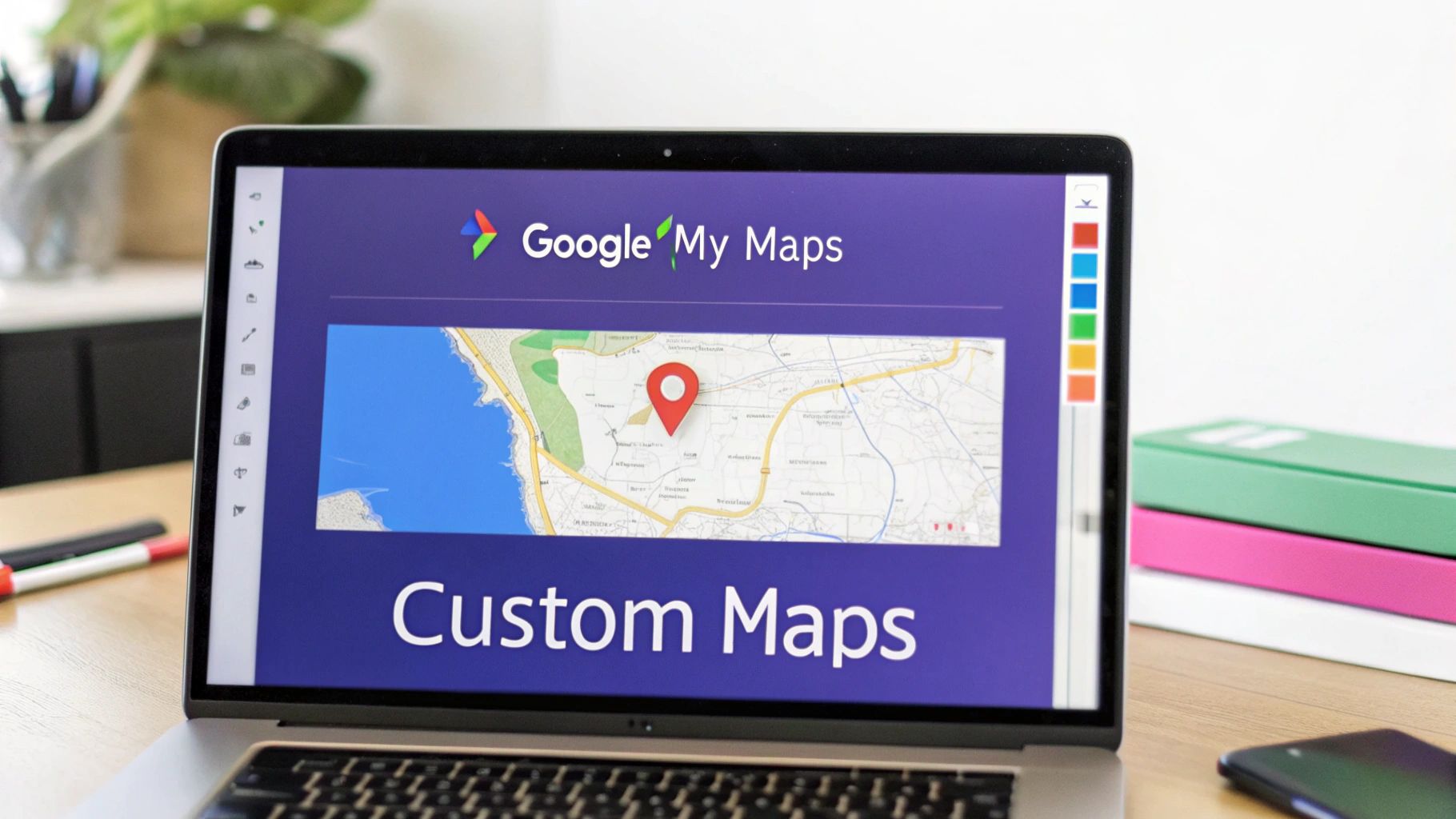Laptop screen displaying Google My Maps for creating custom maps and pinning locations.