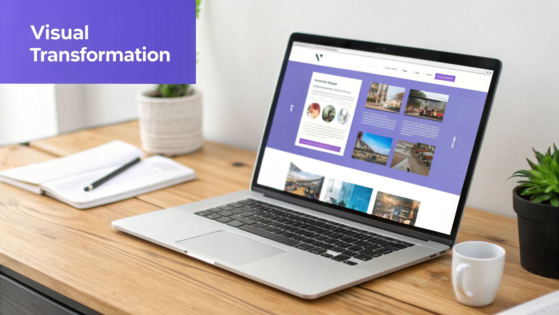 Laptop on a wooden desk displays a website, with 'Visual Transformation' banner, notebook and plants.