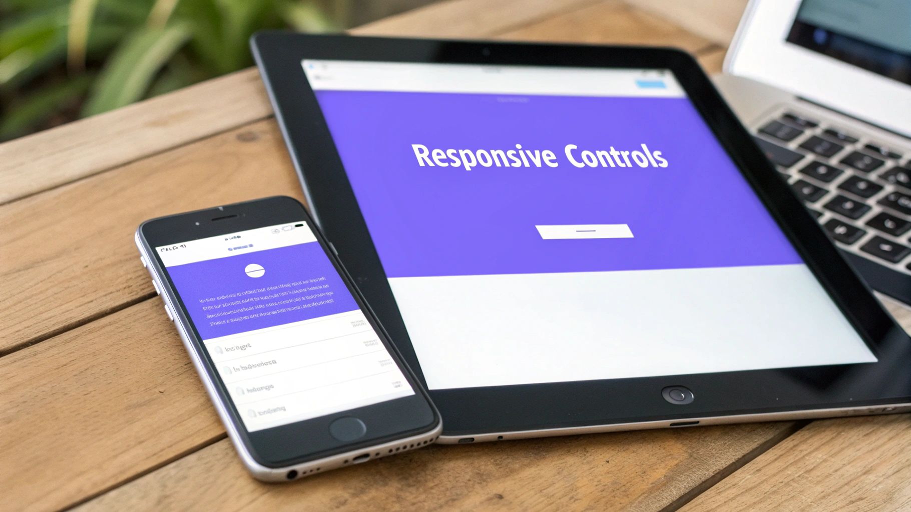 A smartphone, tablet, and laptop displaying a 'Responsive Controls' interface on a wooden desk.