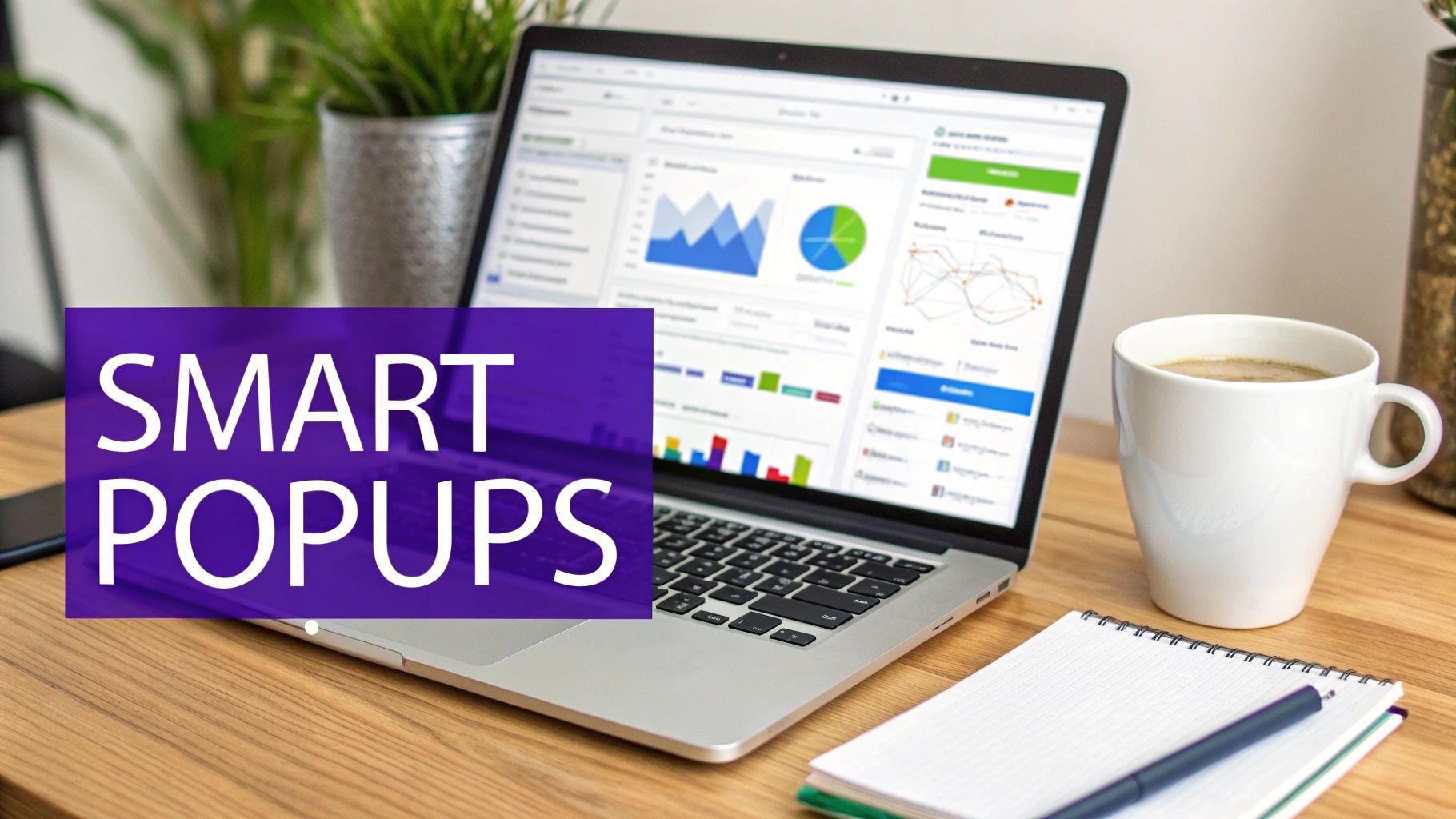 A desk setup with a laptop displaying charts and data, a coffee cup, and a notebook, featuring 'SMART POPUPS' text.