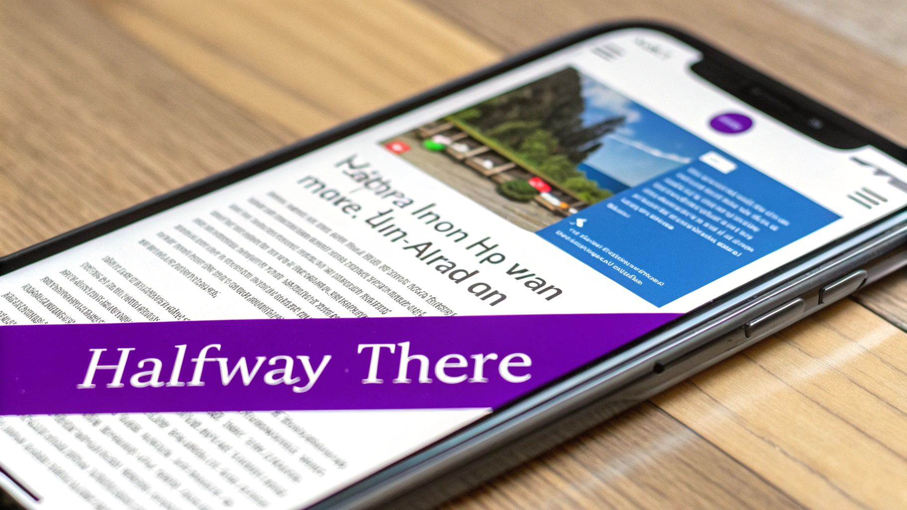 A smartphone screen displaying a news article, partially covered by a purple banner with the text "Halfway There."