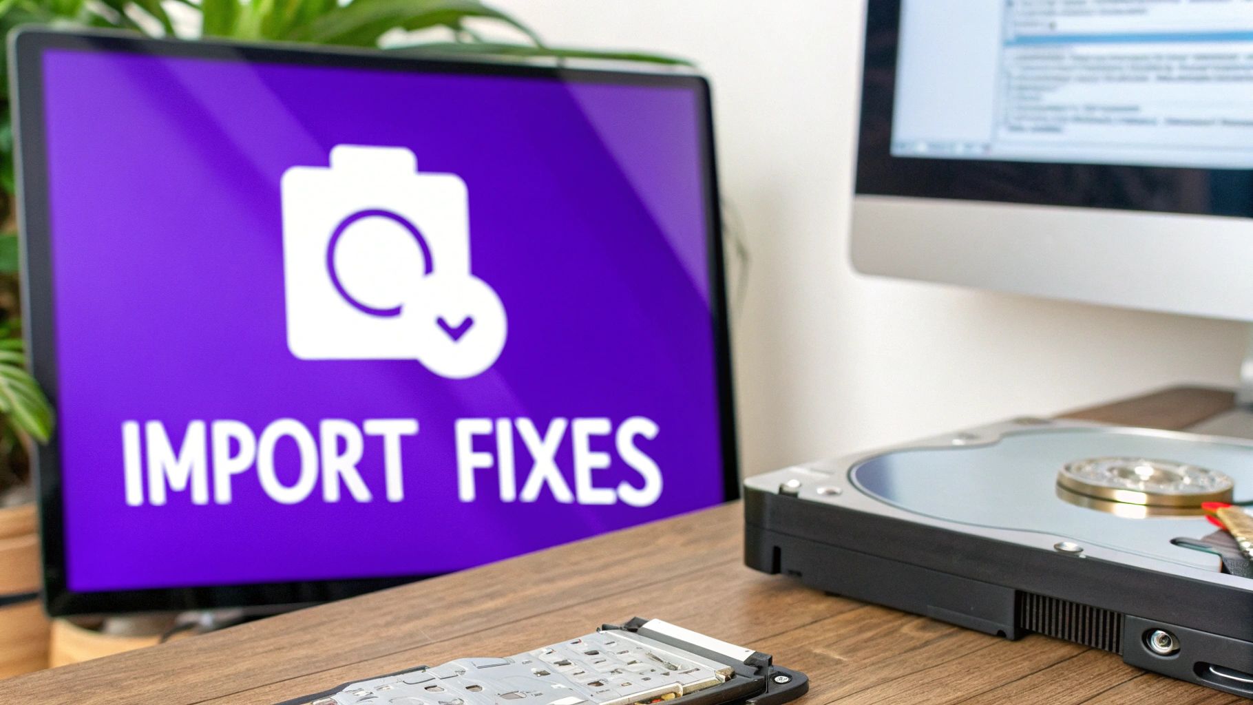 A computer screen displaying 'IMPORT FIXES' with a camera icon, alongside a disassembled hard drive.