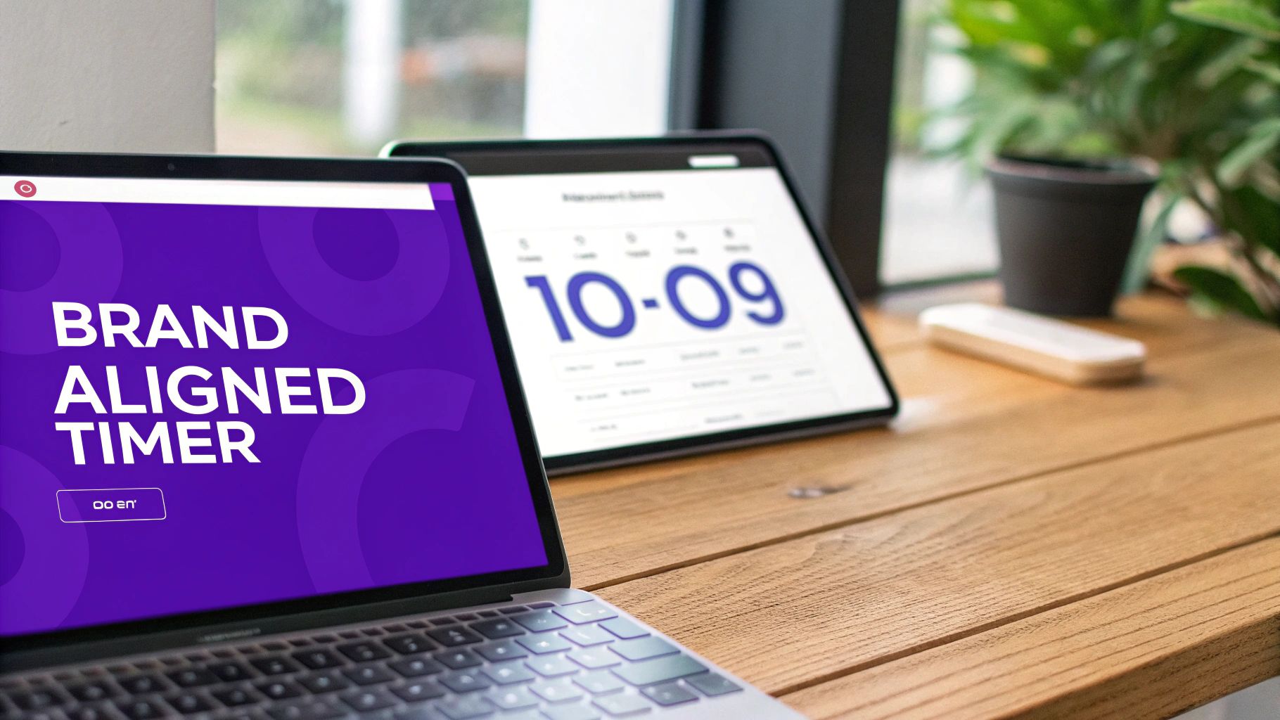 A laptop and tablet on a wooden desk displaying brand-aligned timers and a prominent digital clock.