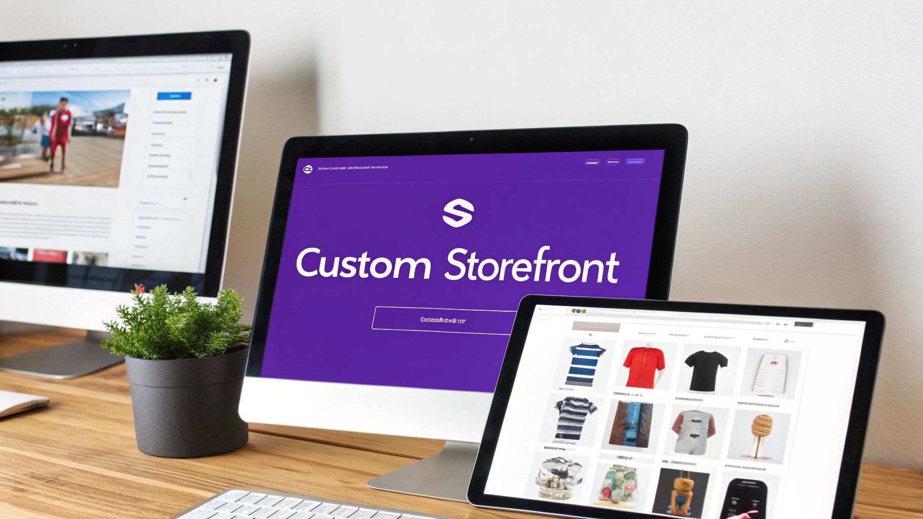 Custom storefront e-commerce website displayed on multiple computer screens showing product catalog and branding