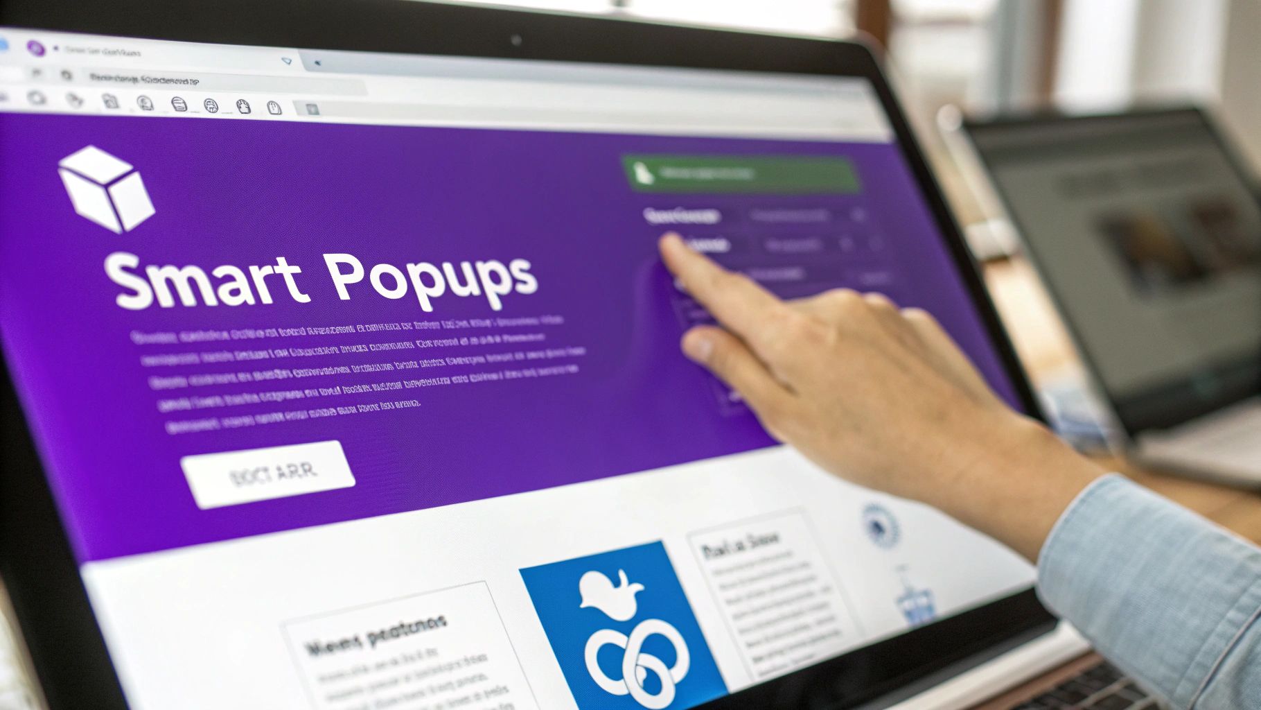 A hand interacts with a laptop screen showing a purple website section featuring 'Smart Popups'.