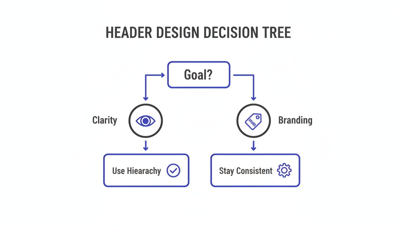 A decision tree diagram illustrating header design goals: clarity (use hierarchy) and branding (stay consistent).