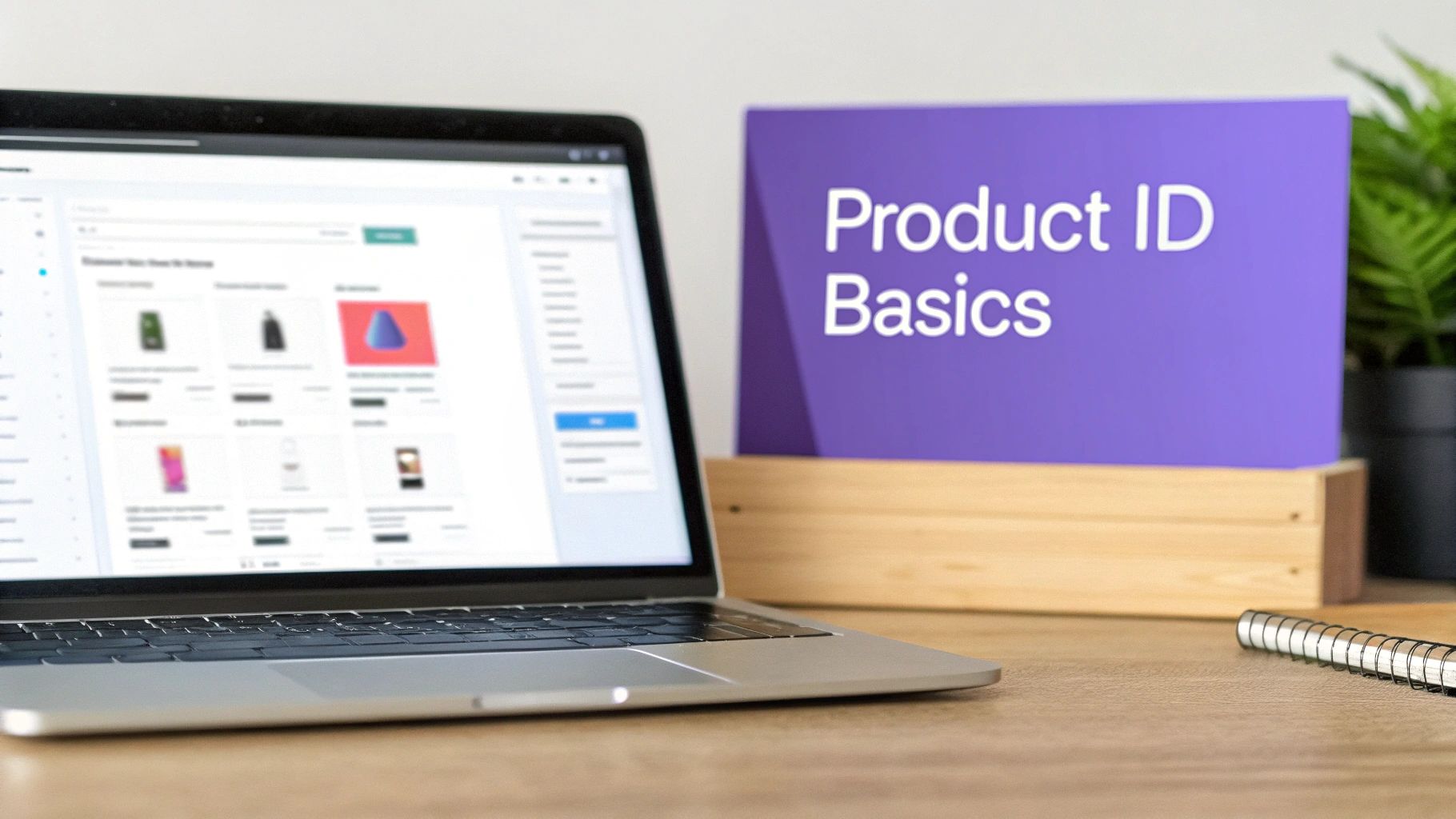 A laptop displaying an e-commerce platform next to a 'Product ID Basics' sign on a wooden desk.