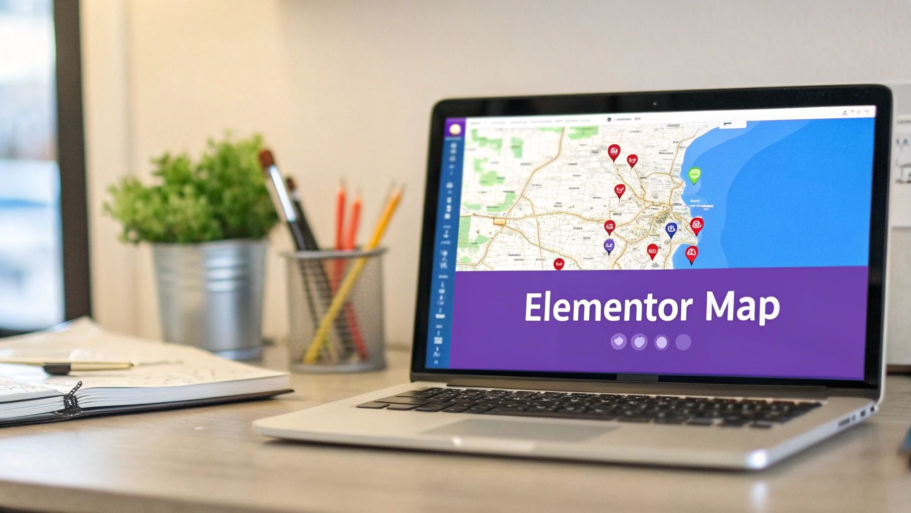 A modern workspace with a laptop displaying a map with multiple colorful location pins.