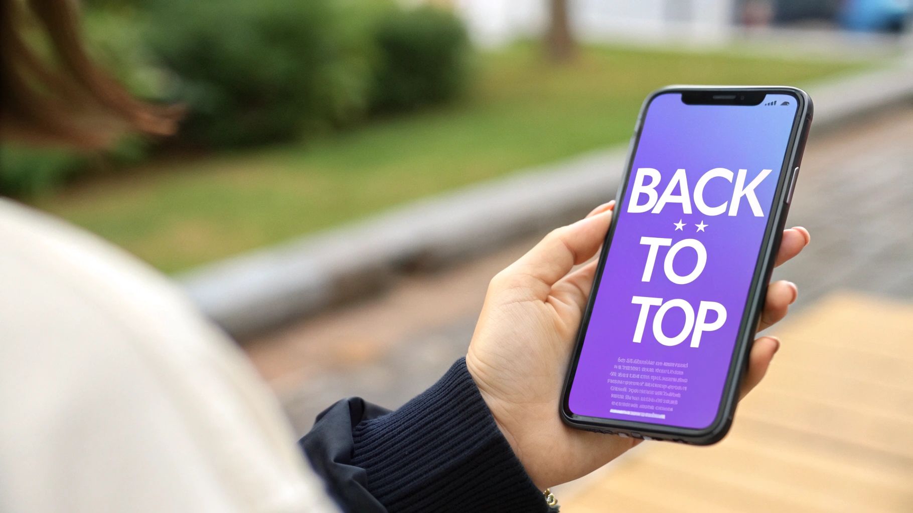 A hand holds a smartphone displaying a 'BACK TO TOP' button on a purple screen outdoors.