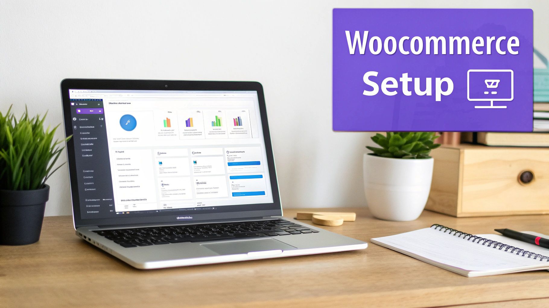 Laptop displaying WooCommerce dashboard setup interface on wooden desk with plants and notebook