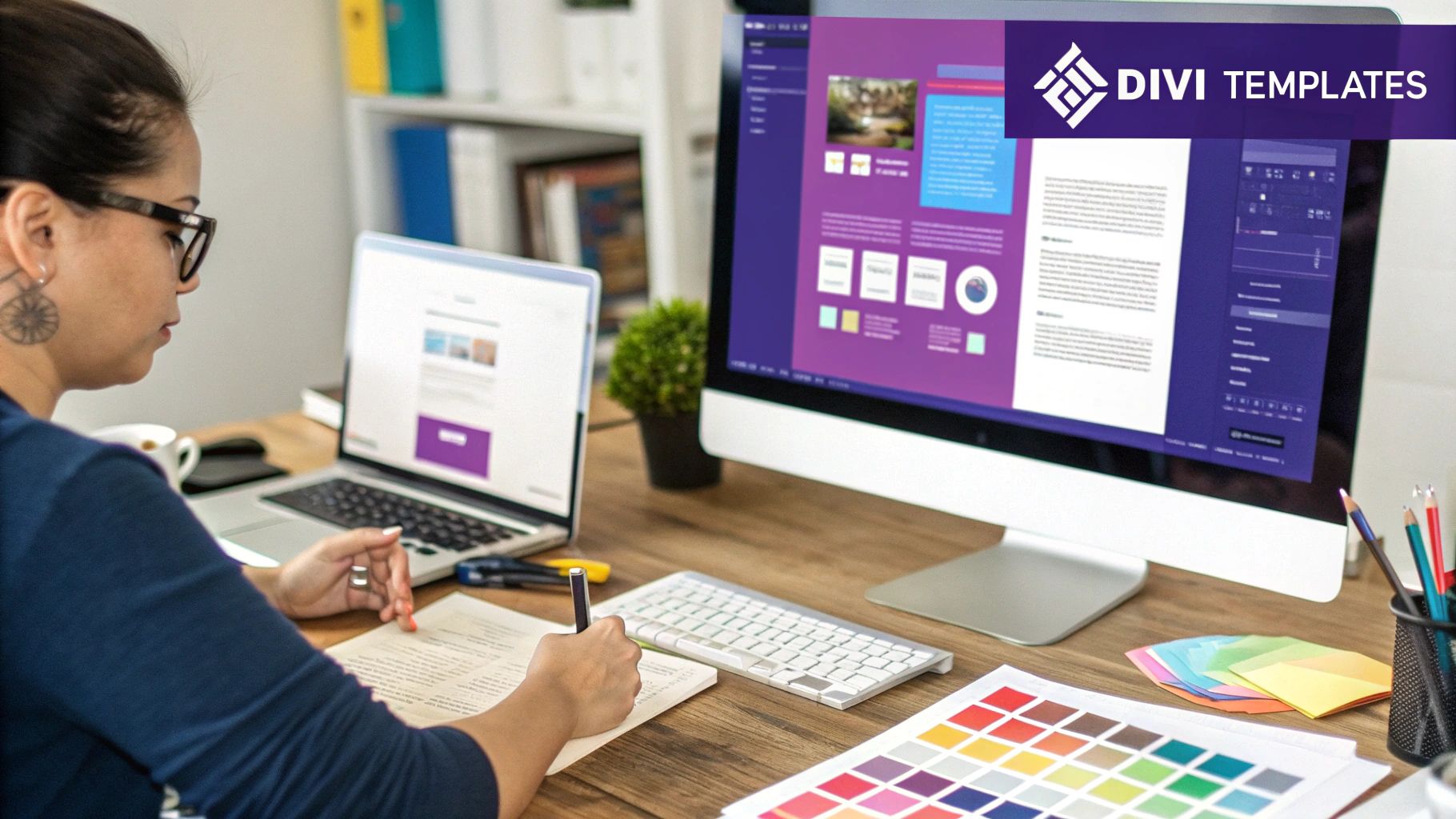 A designer working on a Divi website layout on a large monitor, showcasing a grid of templates.