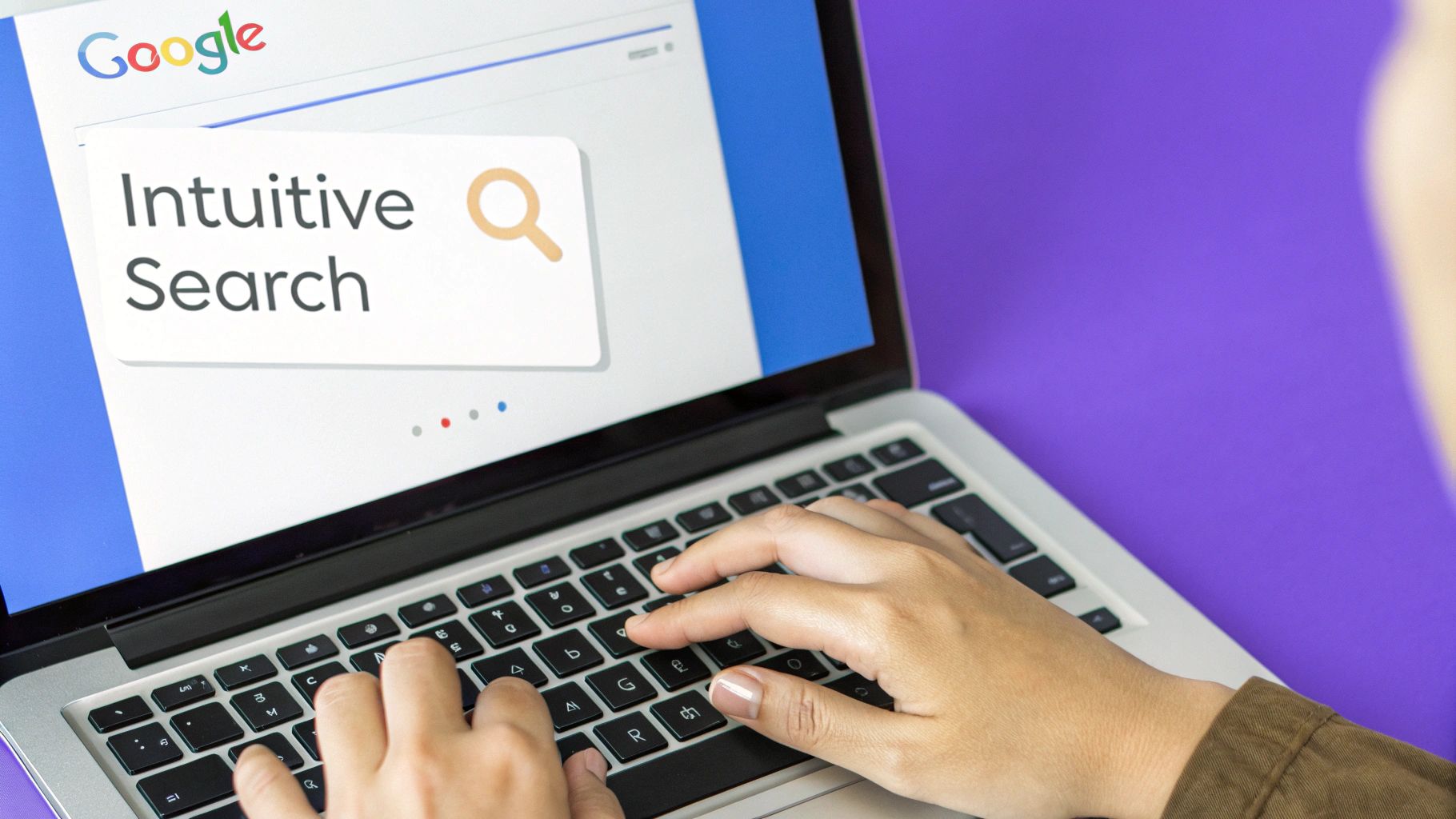A user interacting with a search bar on a laptop screen, symbolizing an intuitive user experience.