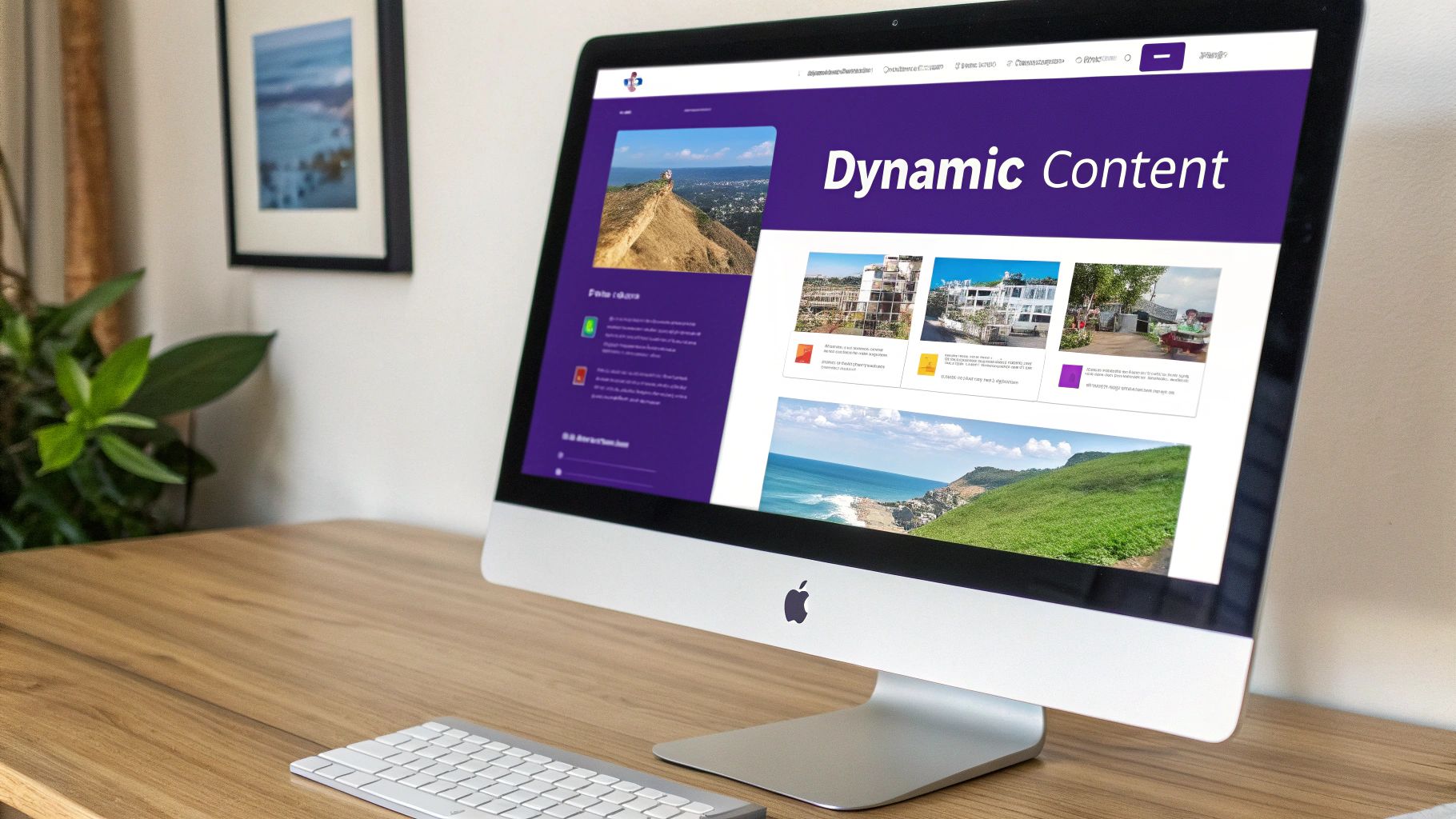 A website layout on a laptop screen with dynamic content elements highlighted.