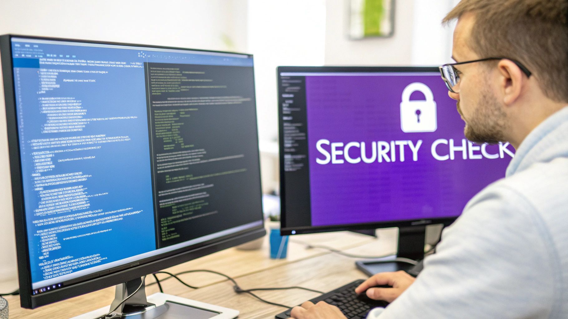 A man in glasses works on dual computer monitors, one displaying code and the other a 'SECURITY CHECK'.