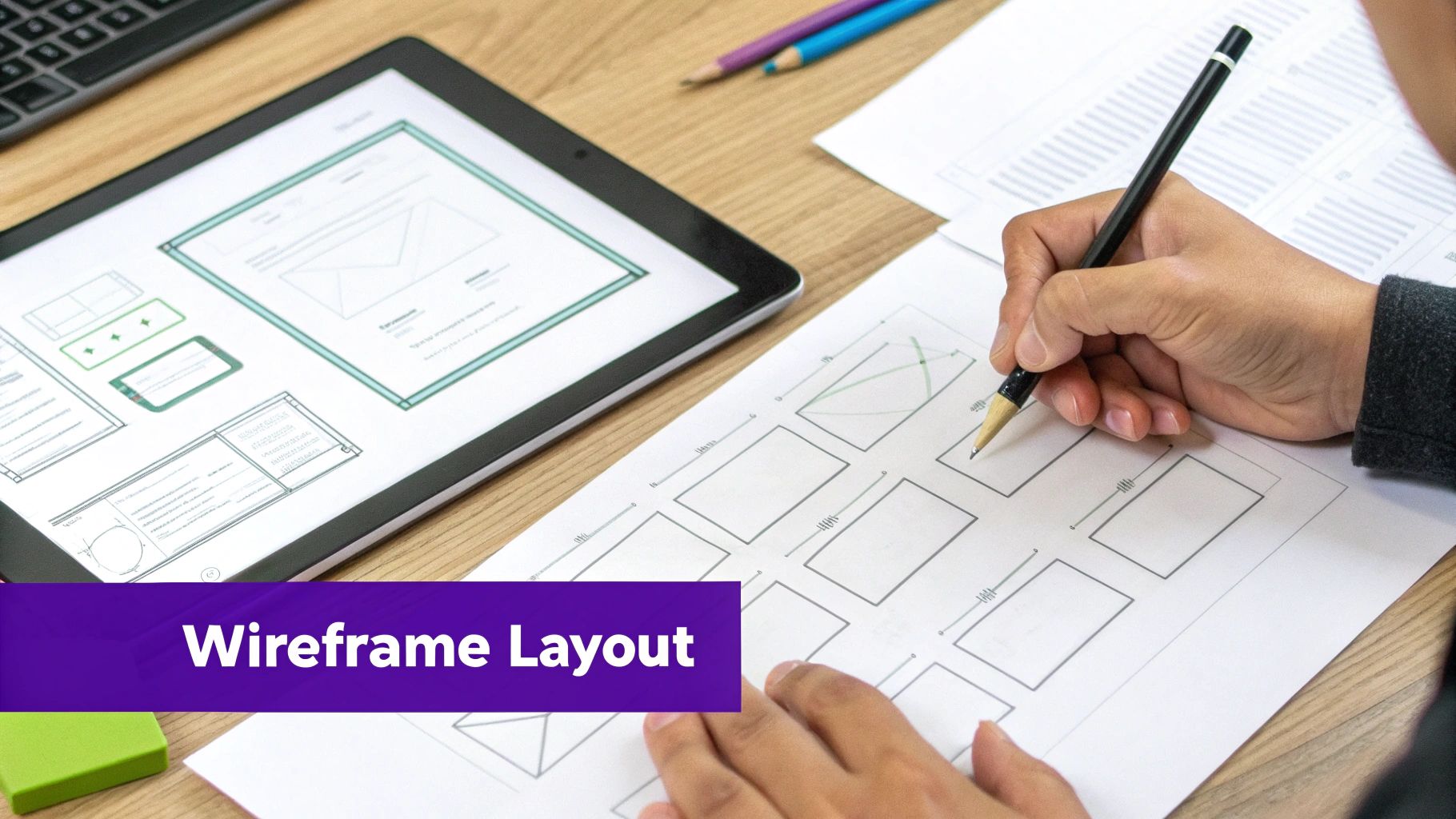 A person's hands sketching website wireframes on paper next to a tablet displaying digital layouts, emphasizing the design process.