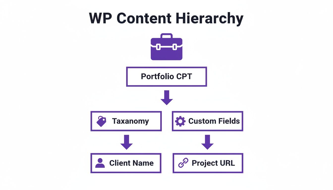 Diagram illustrating the WordPress content hierarchy, showing Portfolio CPT, Taxonomies, and Custom Fields.