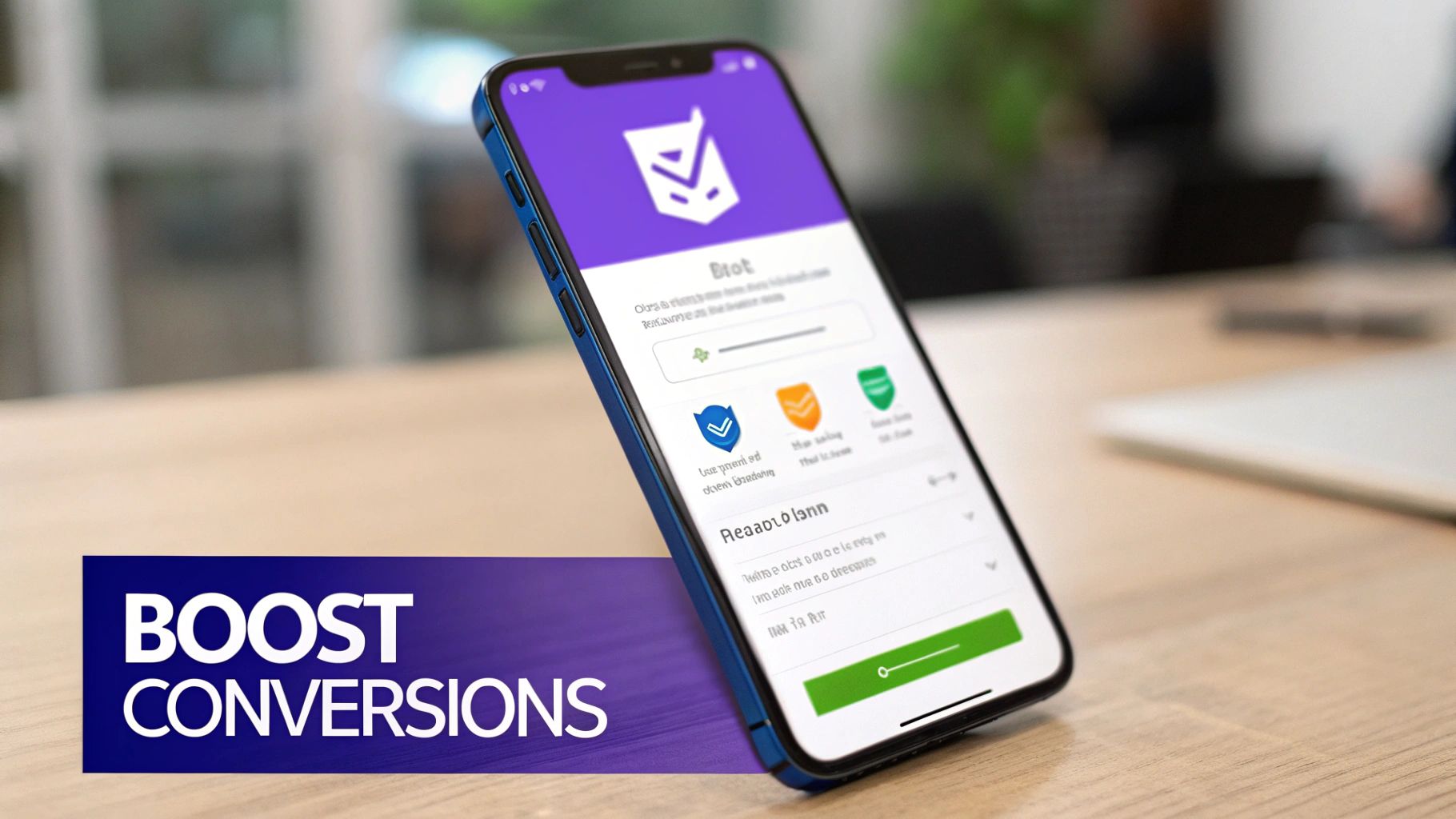 A blue smartphone displays an app with a purple logo and various features, next to a 'BOOST CONVERSIONS' banner.
